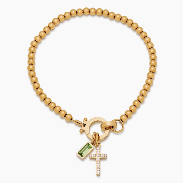 Beaded Bracelet with Cross Charm and Birthstone