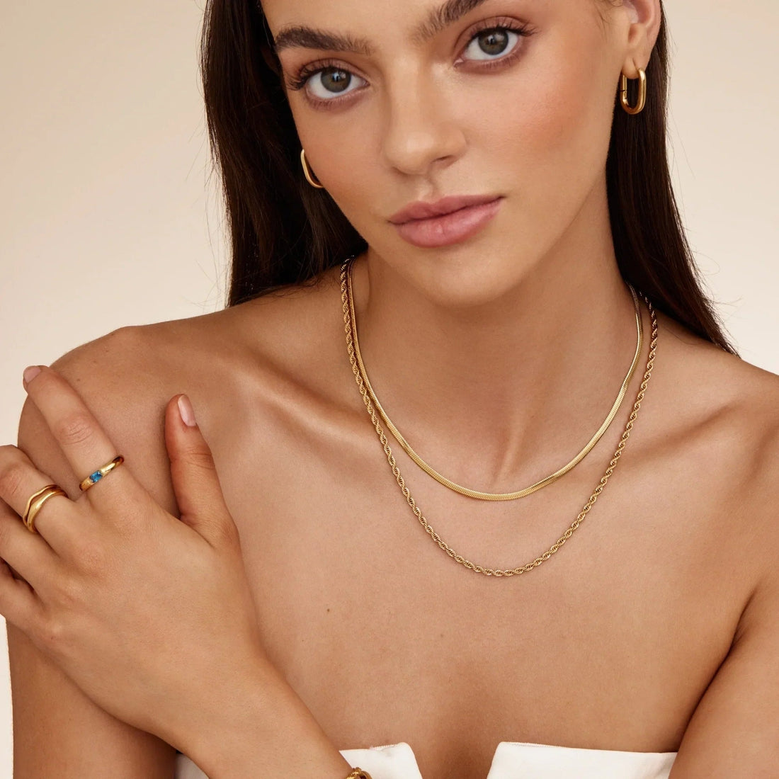 Double Necklace with Herringbone and Rope Chain