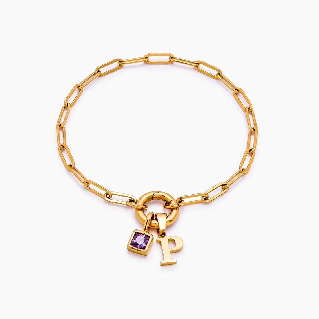 Paperclip Bracelet with Initial and Birthstone