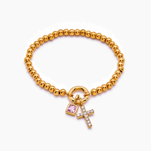 Beaded Bracelet with Cross and Birthstone