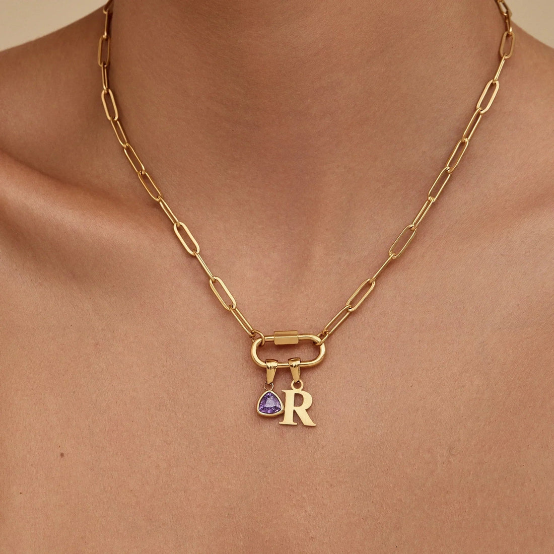 Necklace with Carabiner Charm, Initial and Birthstone