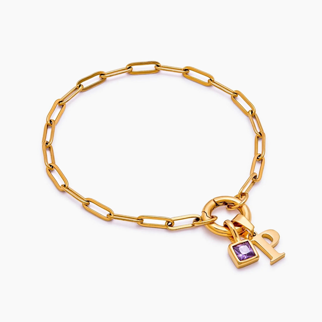 Paperclip Bracelet with Initial and Birthstone