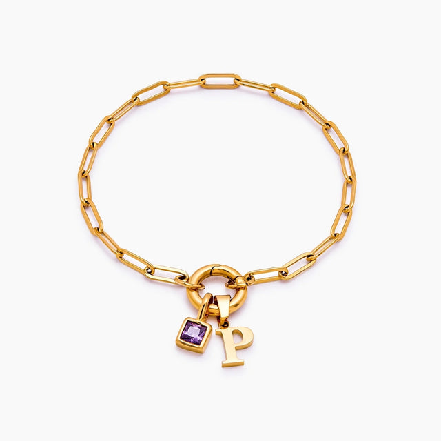 Paperclip Bracelet with Initial and Birthstone