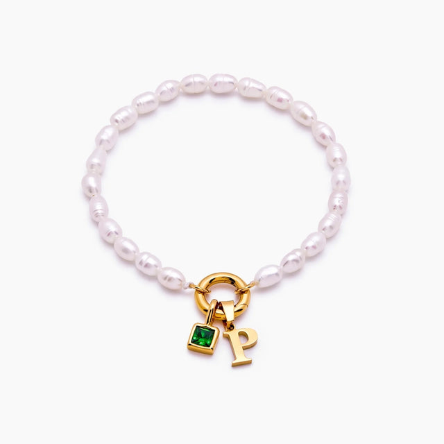Pearl Bracelet with Initial and Birthstone