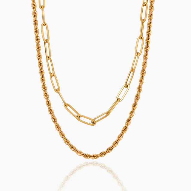 Double Necklace with Paperclip and Rope Chain