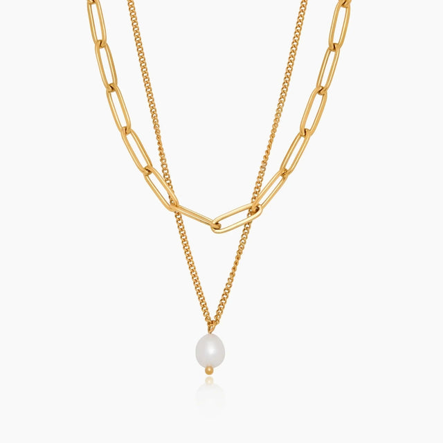 Layered Necklace with Paperclip Chain and Pearl Pendant